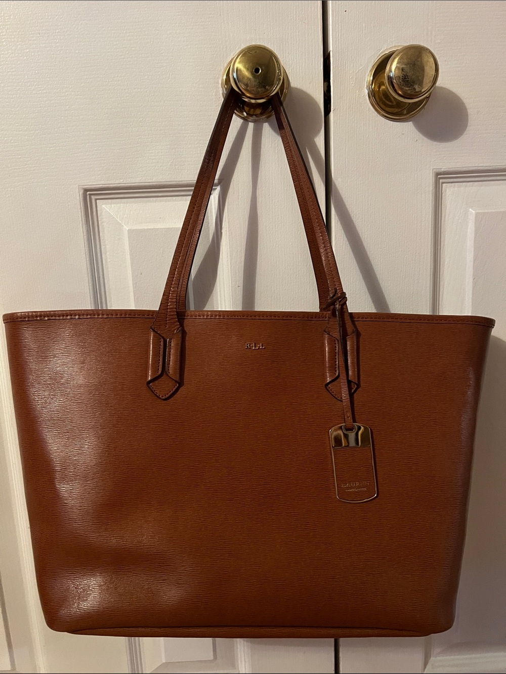 Ralph Lauren Chestnut Brown Leather Tote with Logo Tag